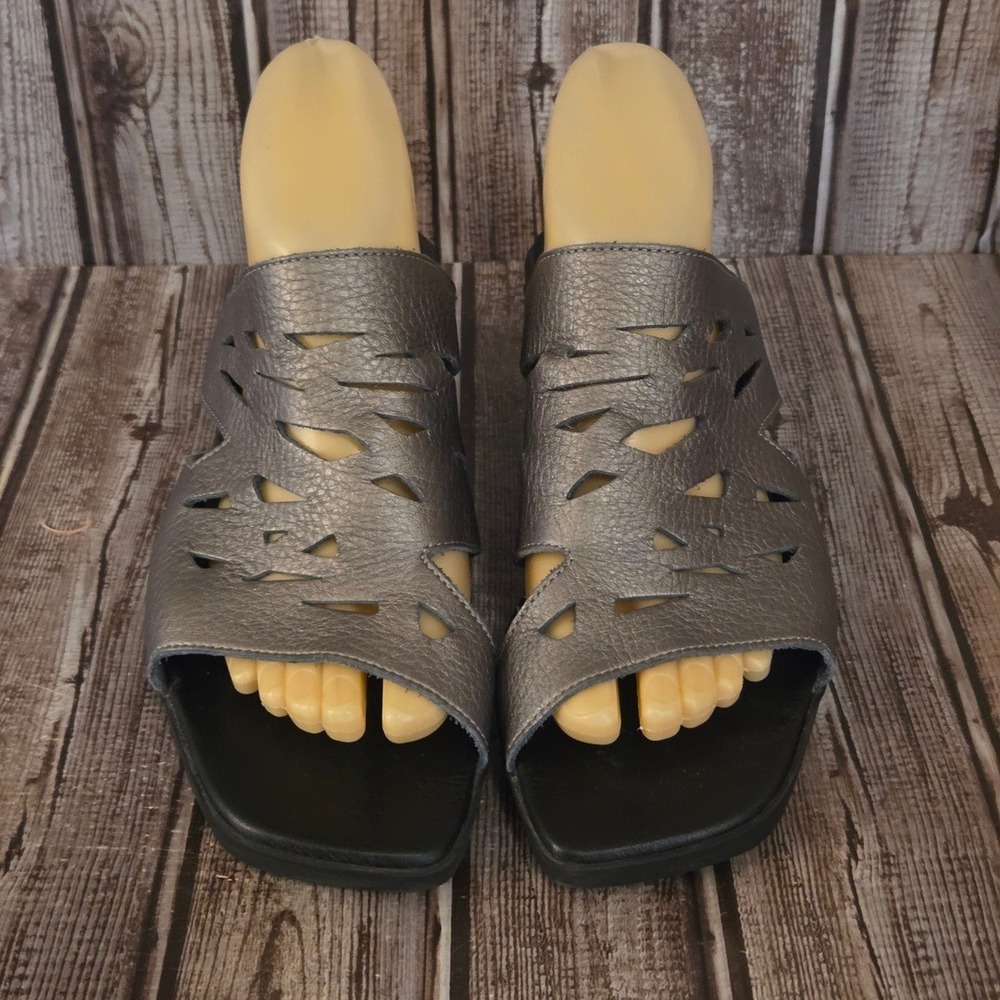 Sz 40/ 9 Womens Arche Metallic Pewter Laser Cut Zigzag Wedge Slide Sandals VGUC‎